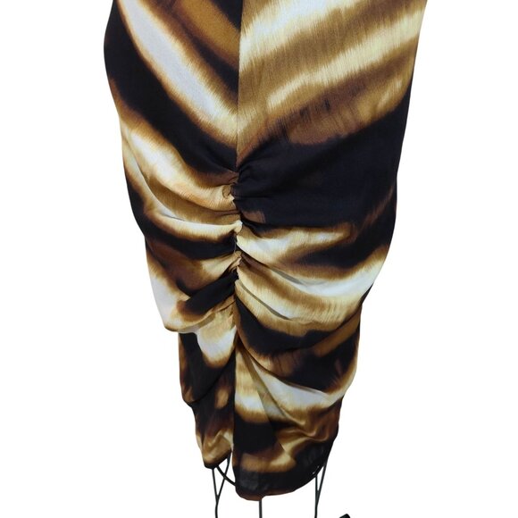 ANN TAYLOR Abstract Print Ruched 100% Silk Sheath Dress Size 0 Brown Black - Picture 8 of 10